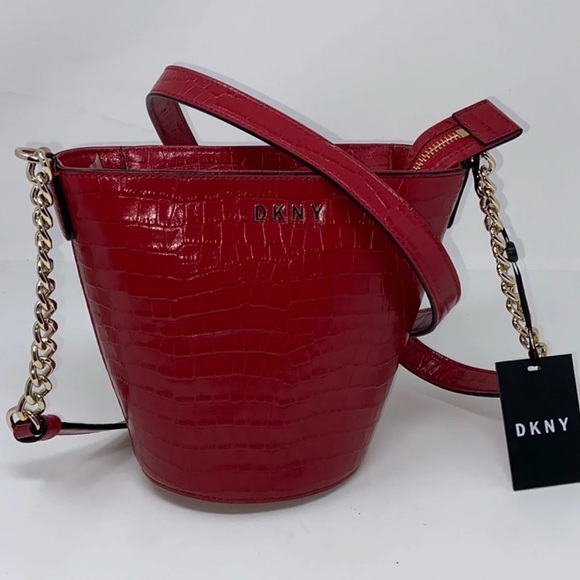DKNY Red Croc-Embossed Leather Bucket Bag Shoulder or Crossbody NWT - Picture 4 of 8